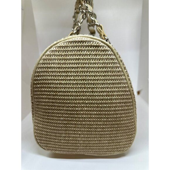 NWT Express Beige Woven Straw & Faux Leather Barrel Bag With Chain Handles - Picture 5 of 5